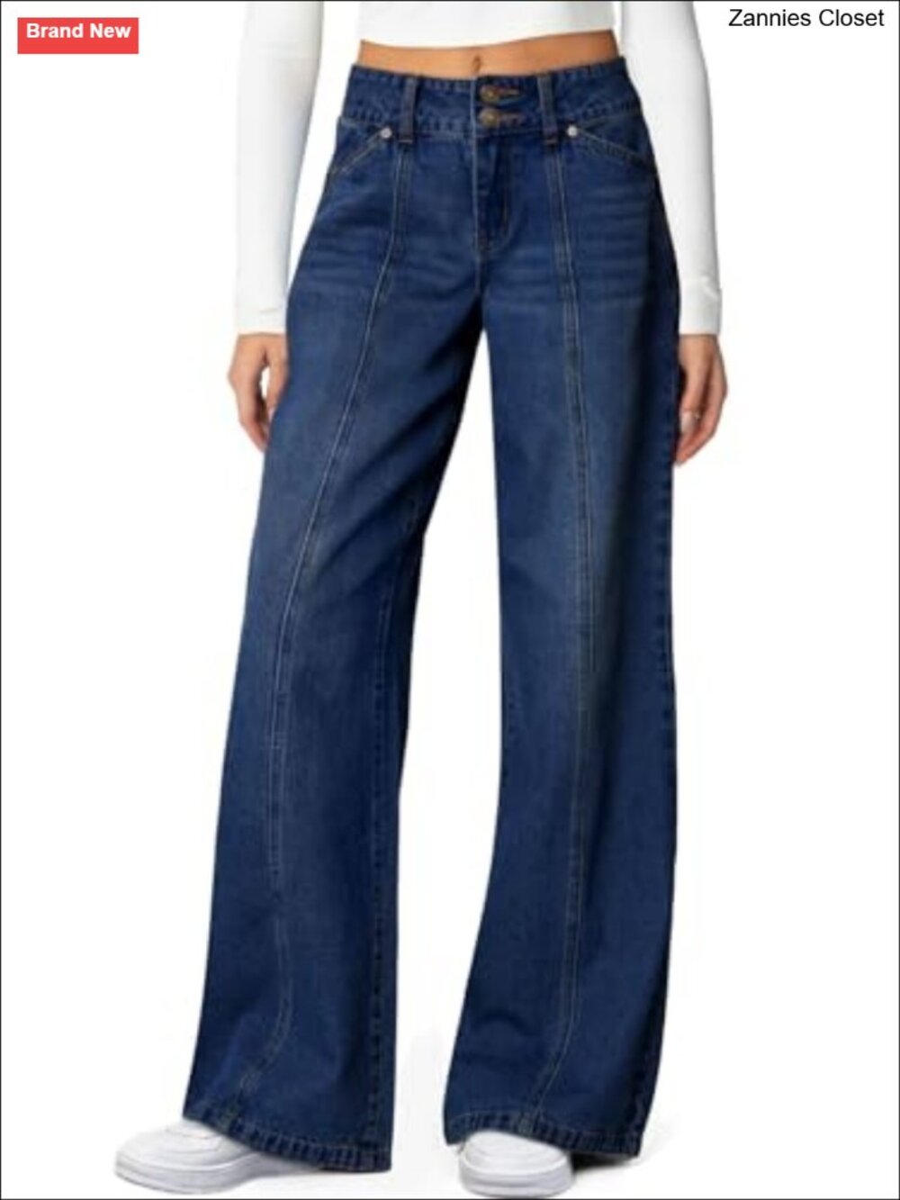 High Waisted Wide Leg Stretchy Jeans Seamed Straight Leg Dual Button